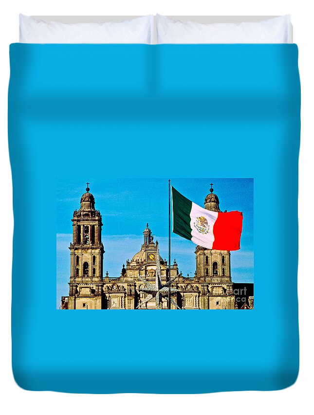 Flag Duvet Cover featuring the photograph Mexican Flag And Cathedral by Spencer Grant