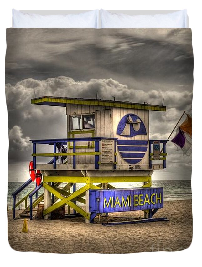 Miami Beach Duvet Cover featuring the photograph Miami Beach Lifeguard Stand by Timothy Lowry
