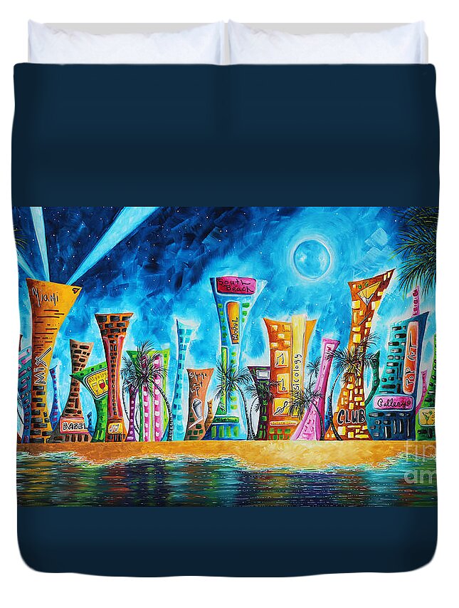 Miami Duvet Cover featuring the painting Miami City South Beach Original Painting Tropical Cityscape Art MIAMI NIGHT LIFE by MADART Absolut X by Megan Aroon