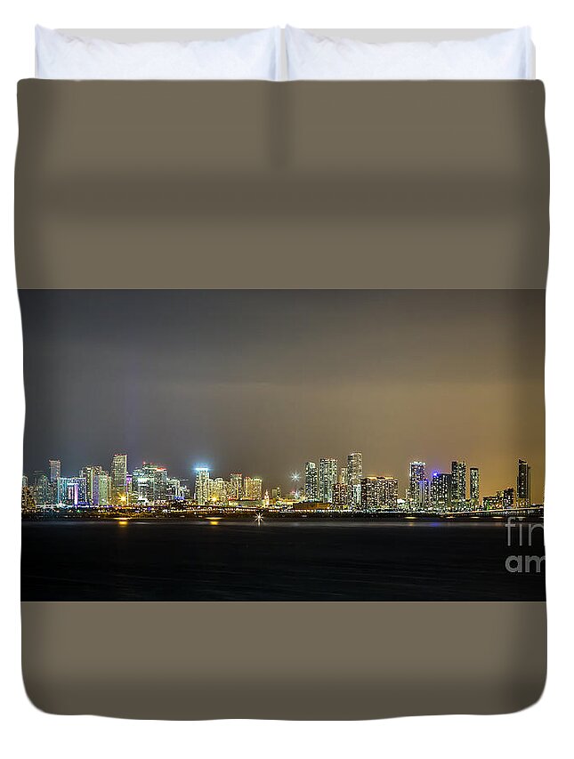 Miami Skyline Night Duvet Cover featuring the photograph Miami Skyline View II by Rene Triay FineArt Photos