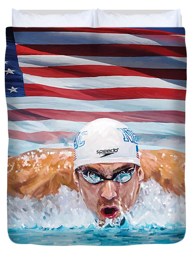 Michael Phelps Paintings Duvet Cover featuring the painting Michael Phelps Artwork by Sheraz A