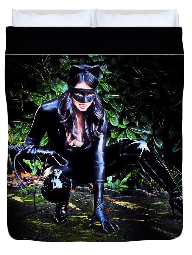 Cat Duvet Cover featuring the painting Midnight Feline Fatale by Jon Volden