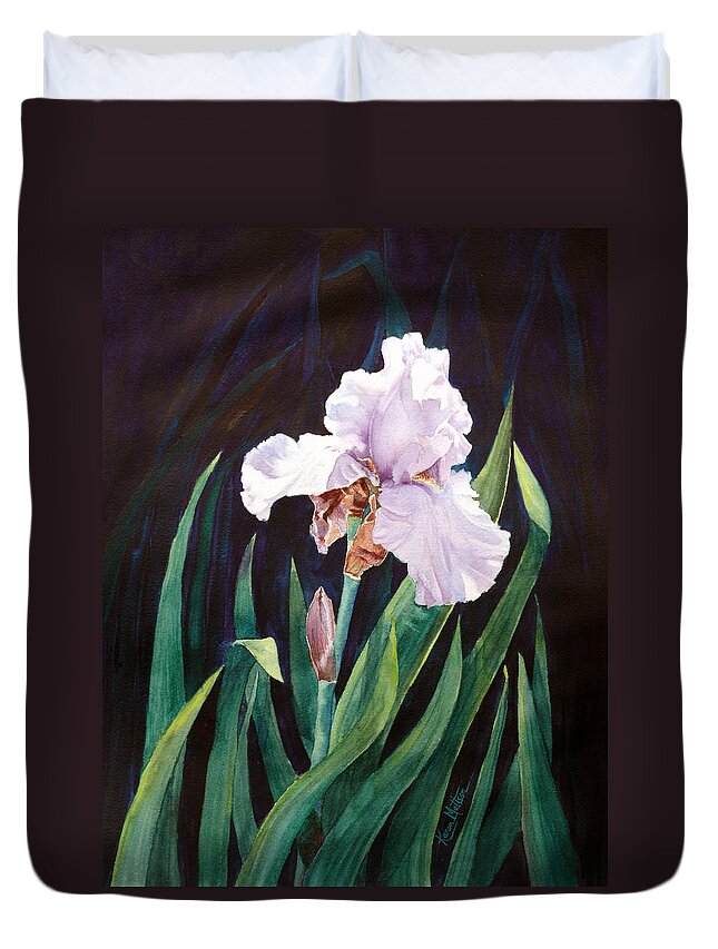 White Iris Duvet Cover featuring the painting Midnight Iris by Karen Mattson