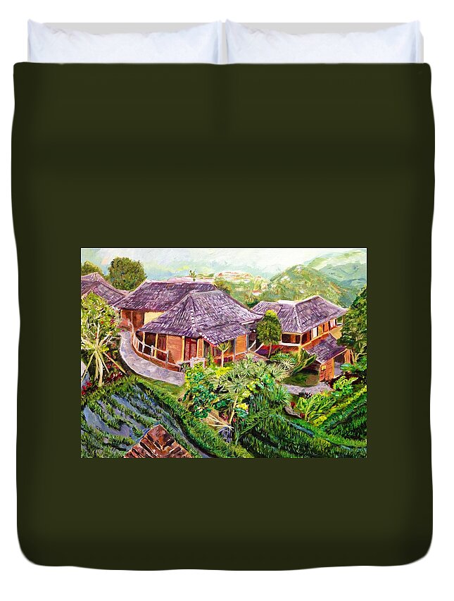 Bali Hut Duvet Cover featuring the painting Mini Paradise by Belinda Low