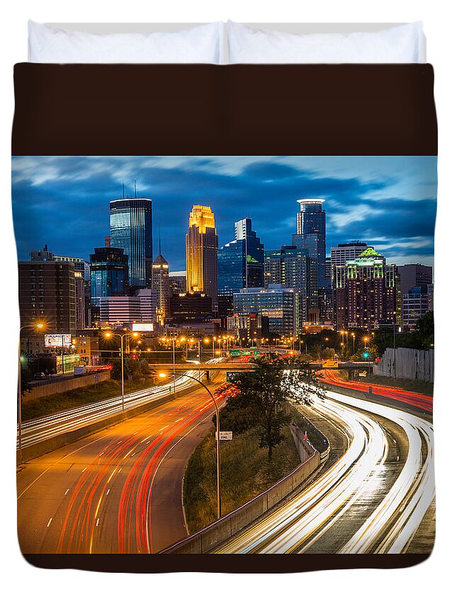 Minneapolis Duvet Cover featuring the photograph Minneapolis Light Trails by Mark Goodman
