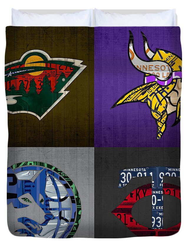 Minneapolis Duvet Cover featuring the mixed media Minneapolis Sports Fan Recycled Vintage Minnesota License Plate Art Wild Vikings Timberwolves Twins by Design Turnpike