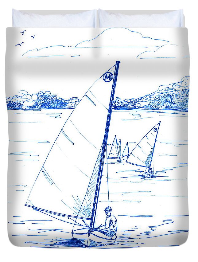 Mint Design Classic Moth Class Sailboat Duvet Cover featuring the drawing Mint Classic Moth in Blue by Nancy Patterson