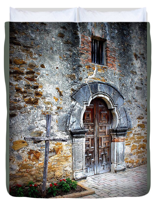 Mission Duvet Cover featuring the photograph Mission Espada - Doorway by Beth Vincent