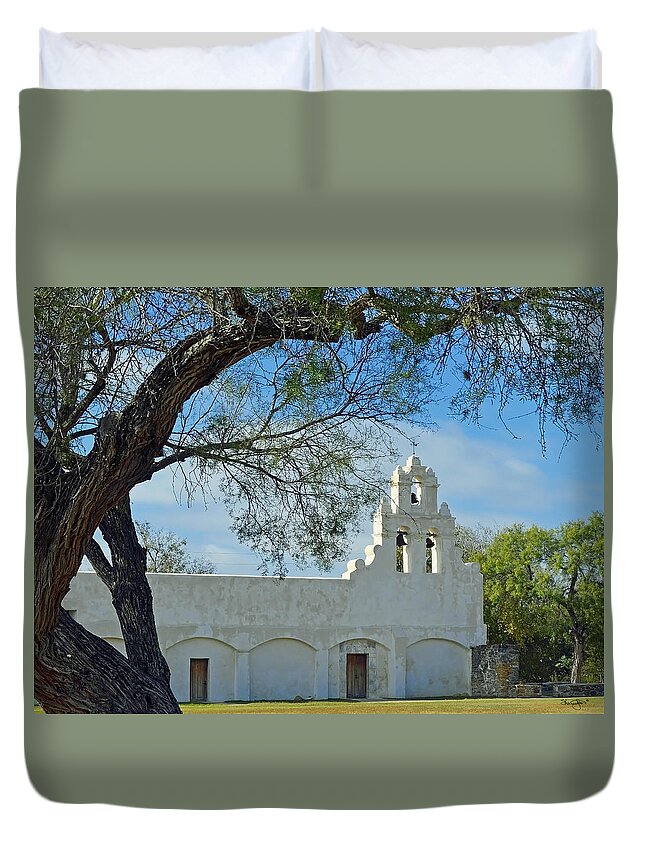 Mission Duvet Cover featuring the photograph Mission San Juan by Shanna Hyatt