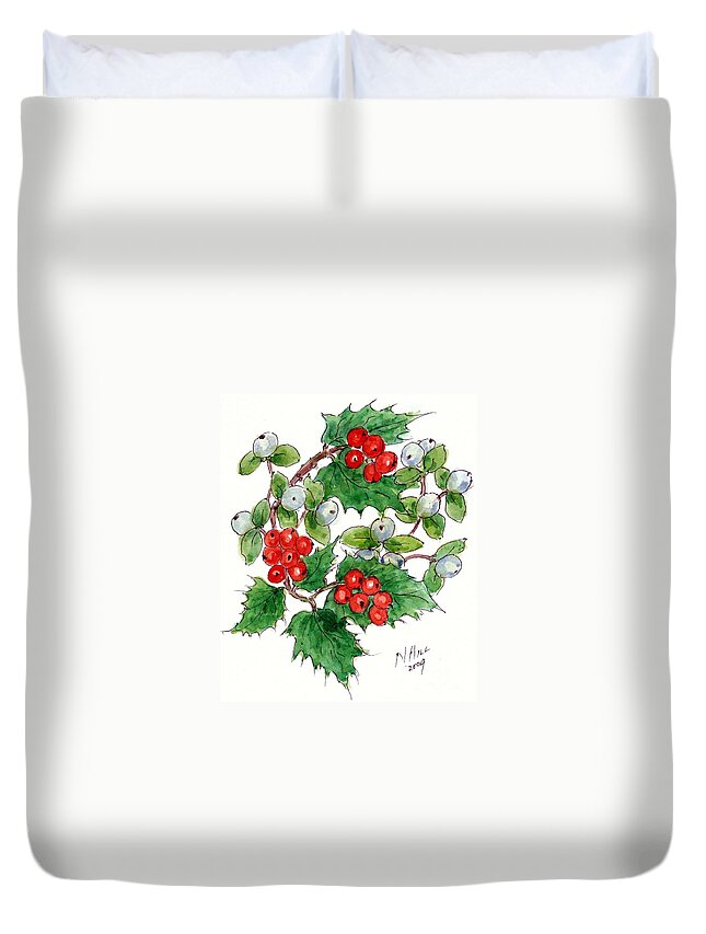 Berries Duvet Cover featuring the painting Mistletoe and Holly Wreath by Nell Hill