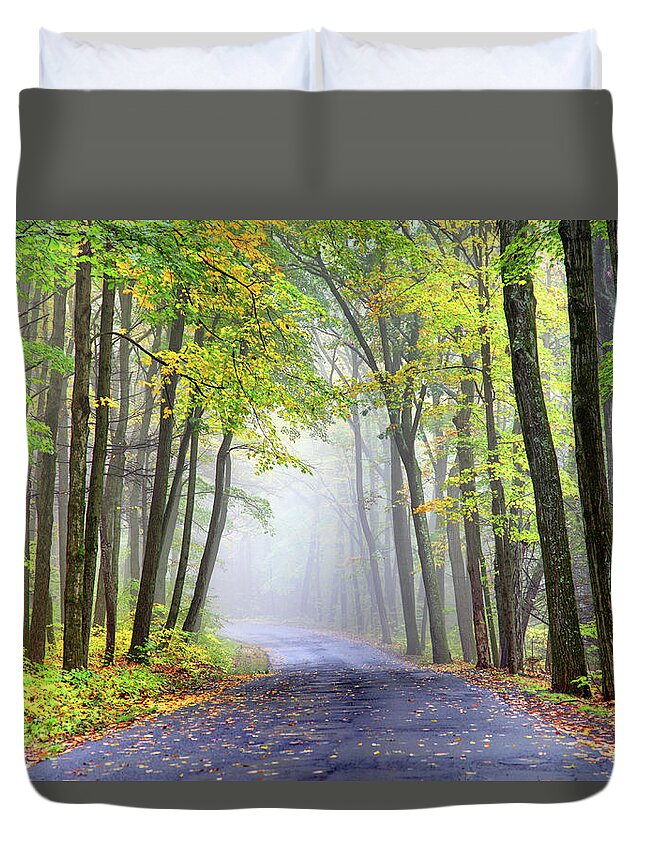 Scenics Duvet Cover featuring the photograph Misty Autumn Road by Denistangneyjr
