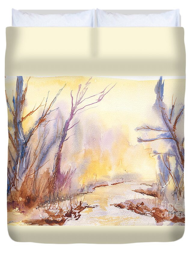Watercolor Painting Duvet Cover featuring the painting Misty Creek by Walt Brodis