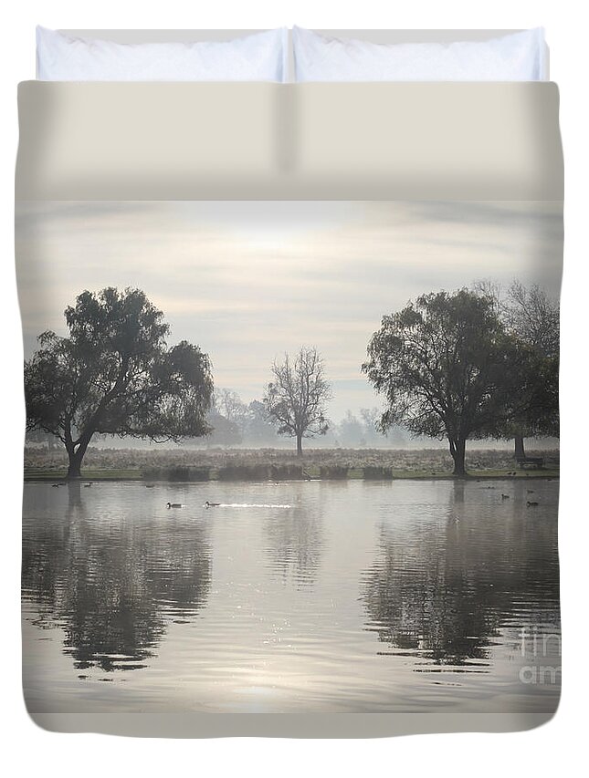 Reflection Calm Waters Of The Heron Pond On A Misty And Frosty Morning Reflected Trees Water Duvet Cover featuring the photograph Misty morning #1 by Julia Gavin