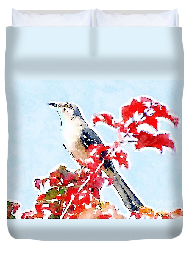 Mockingbird Duvet Cover featuring the photograph Mockingbird In the Leaves - Watercolor by Kerri Farley