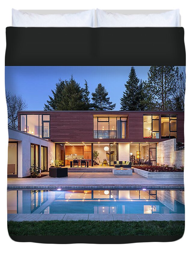 Swimming Pool Duvet Cover featuring the photograph Modern Home Exterior Taken At Twilight by David Papazian
