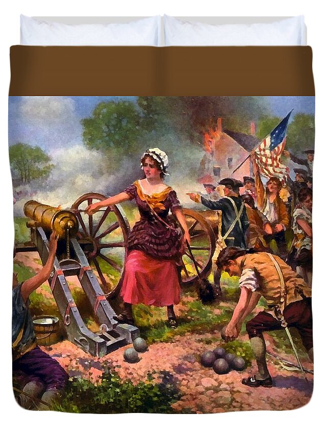 Molly Pitcher Firing Cannon At Battle Of Monmouth Duvet Cover featuring the digital art Molly Pitcher Firing Cannon at Battle of Monmouth by Percy Moran