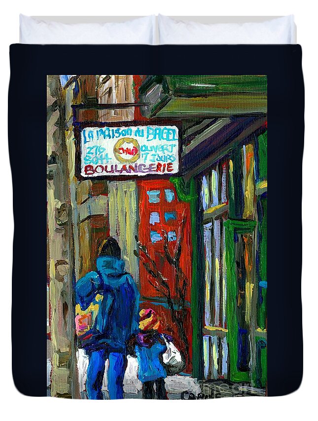 St.viateur Bagel Duvet Cover featuring the painting Mom And Tot Winter Walk For Bagels Montreal Paintings Canadian Art Snowscenes Carole Spandau by Carole Spandau