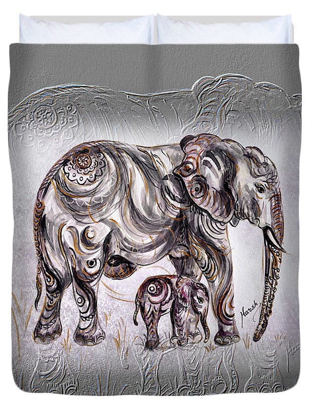 Elephant Duvet Cover featuring the painting Mom Elephant by Harsh Malik