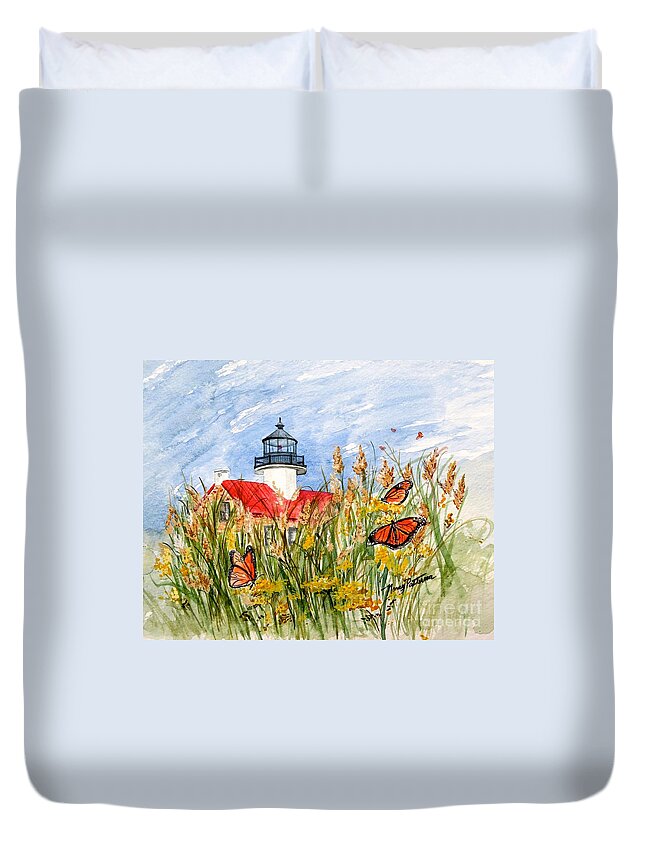 East Point Lighthouse Duvet Cover featuring the painting Monarch Butterflies at East Point Light by Nancy Patterson