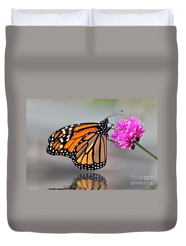 Butterflies Duvet Cover featuring the photograph Monarch On A Pink Flower by Kathy Baccari