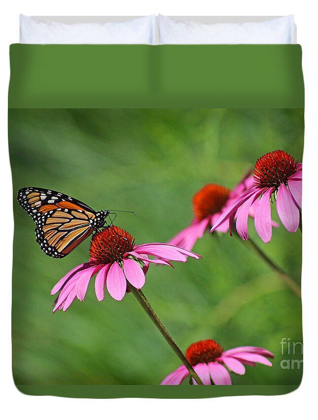 Monarch Duvet Cover featuring the photograph Monarch on Garden Coneflowers by Karen Adams