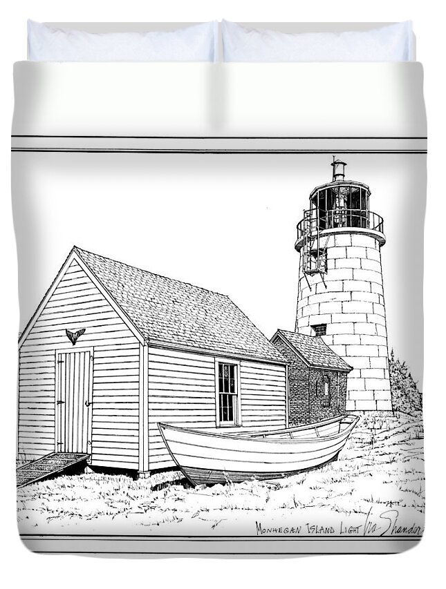 Monhegan Island Lighthouse Duvet Cover featuring the drawing Monhegan Island Light by Ira Shander