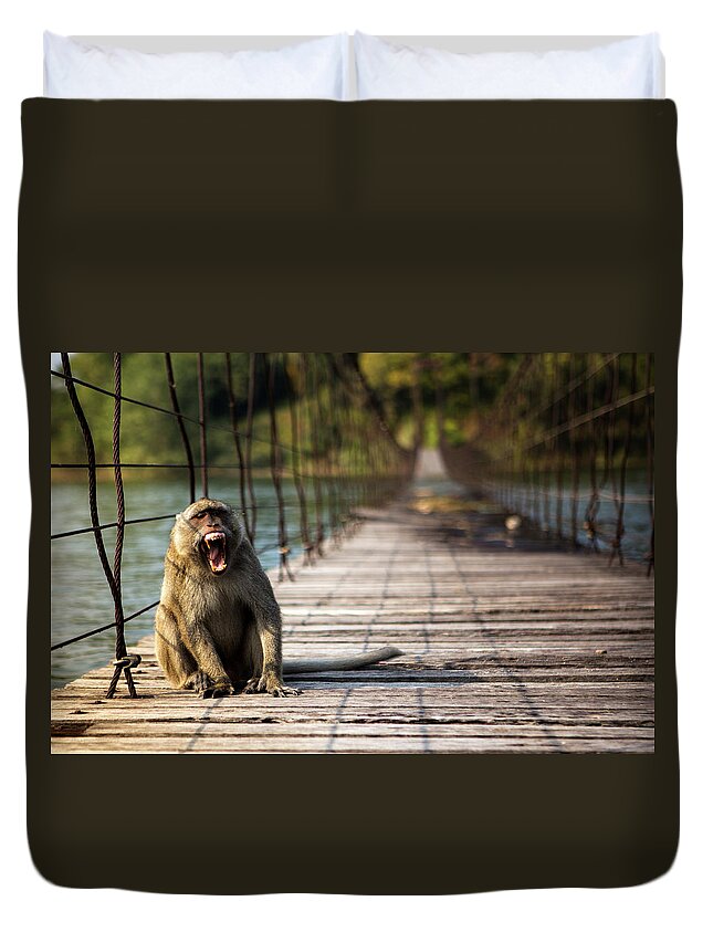 Yawning Duvet Cover featuring the photograph Monkey Yawn by Arthit Somsakul