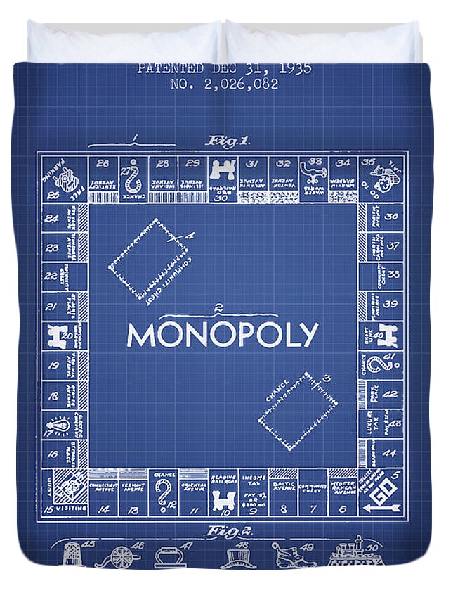 Monopoly Duvet Cover featuring the digital art Monopoly Patent from 1935 - Blueprint by Aged Pixel