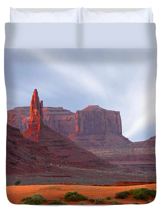 Desert Duvet Cover featuring the photograph Monument Valley at Sunset Panoramic by Mike McGlothlen