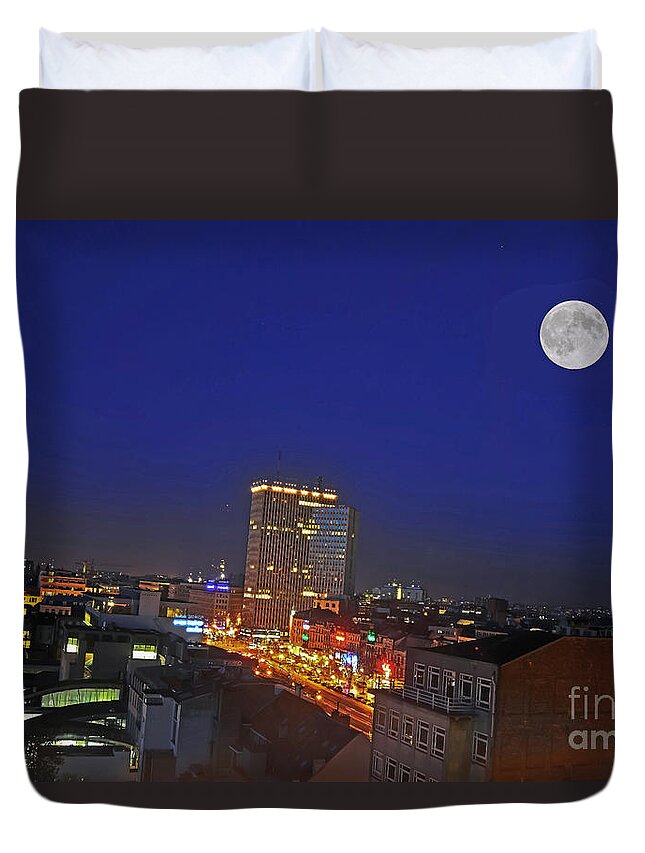 Travel Duvet Cover featuring the photograph Moon Over Brussels by Elvis Vaughn