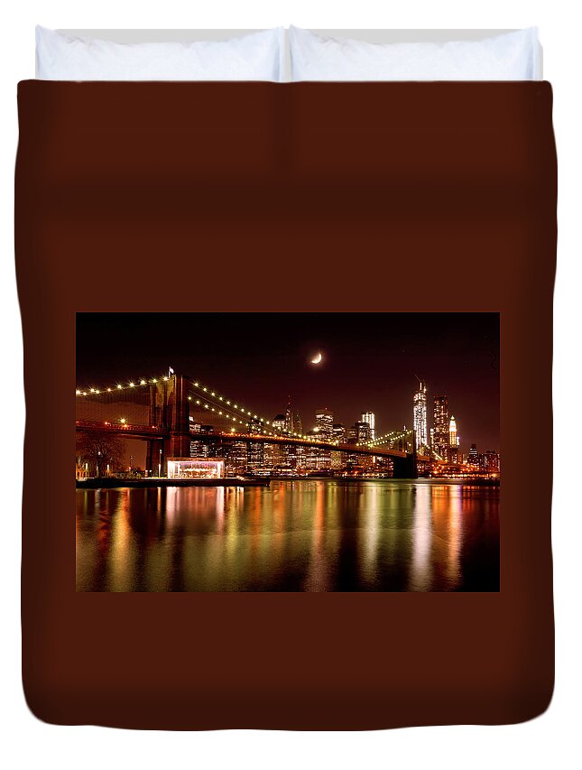 Amazing Brooklyn Bridge Photos Duvet Cover featuring the photograph Moon Over the Brooklyn Bridge by Mitchell R Grosky