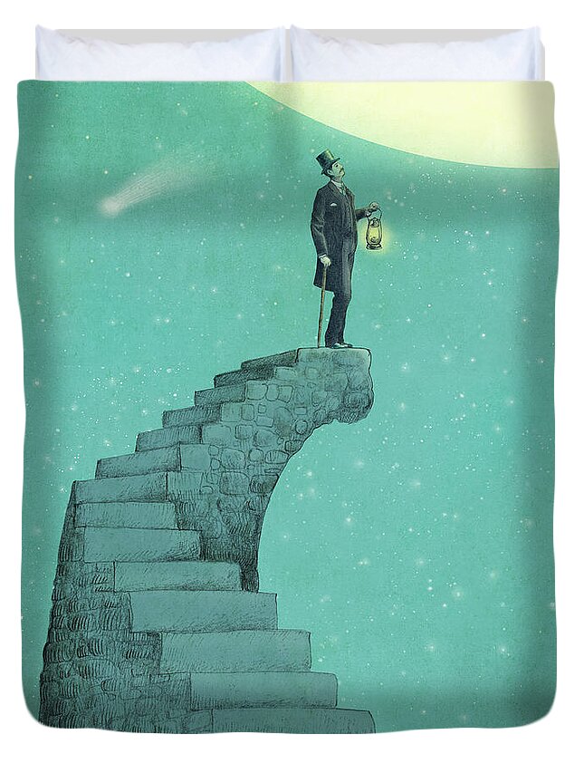 Moon Vintage Victorian Blue Green Stars Comet Top Hat Steps Staircase Astronomy Surreal Whimsical Dream Duvet Cover featuring the drawing Moon Steps by Eric Fan