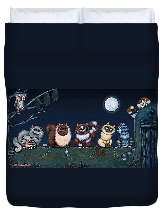 Cat Duvet Cover featuring the painting Moonlight On The Wall by Victoria De Almeida