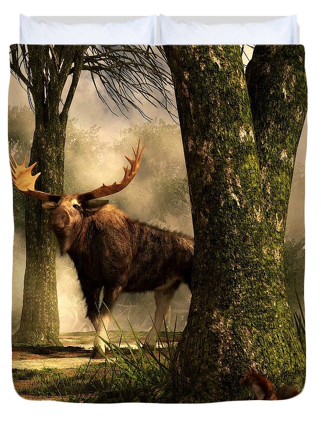 Moose Duvet Cover featuring the digital art Moose and Squirrel by Daniel Eskridge