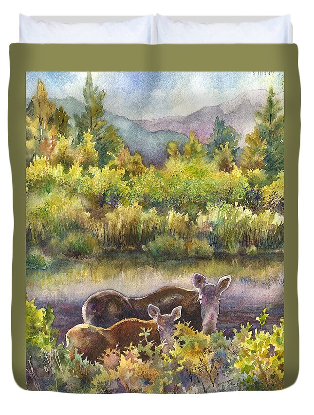 Moose And Calf Painting Duvet Cover featuring the painting Moose Magic by Anne Gifford