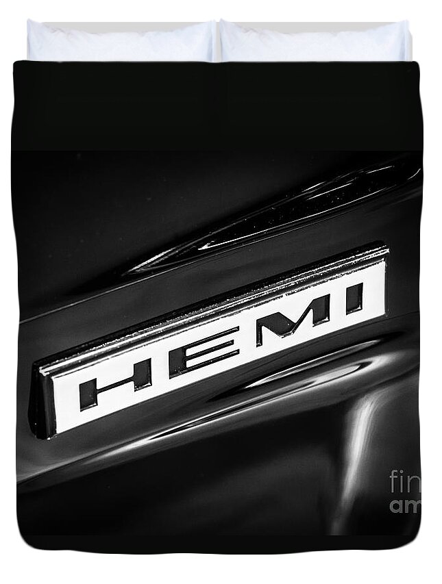 Chrysler Duvet Cover featuring the photograph Mopar Hemi Emblem Black and White Picture by Paul Velgos