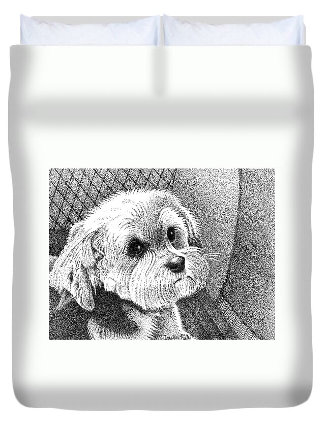 Art Duvet Cover featuring the drawing Morkie by Dustin Miller