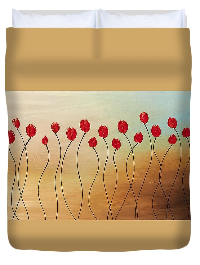 Red Tulips Duvet Cover featuring the painting Morning Shimmers by Carmen Guedez