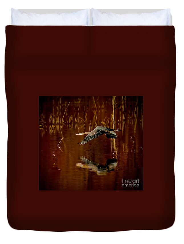 Animal Duvet Cover featuring the photograph Heron Flying Through Rusty Bog by Robert Frederick