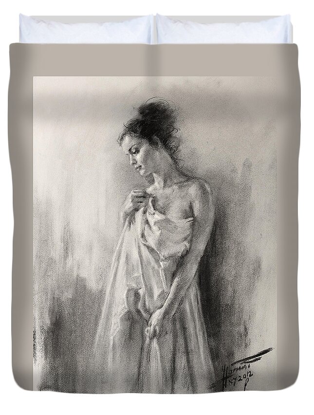 Young Girl Duvet Cover featuring the drawing Morning Beauty by Ylli Haruni