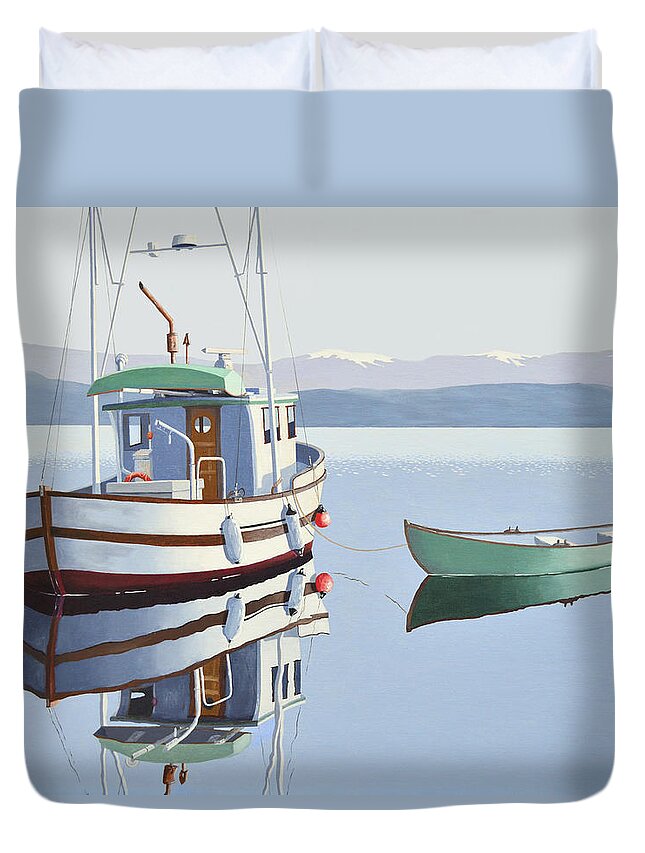 Fishing Boat Duvet Cover featuring the painting Morning calm-fishing boat with skiff by Gary Giacomelli