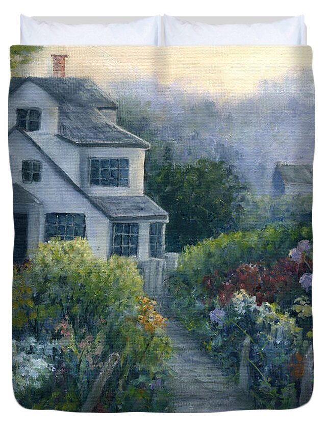 Landscape Duvet Cover featuring the painting Morning in a Maine Garden by June Hunt
