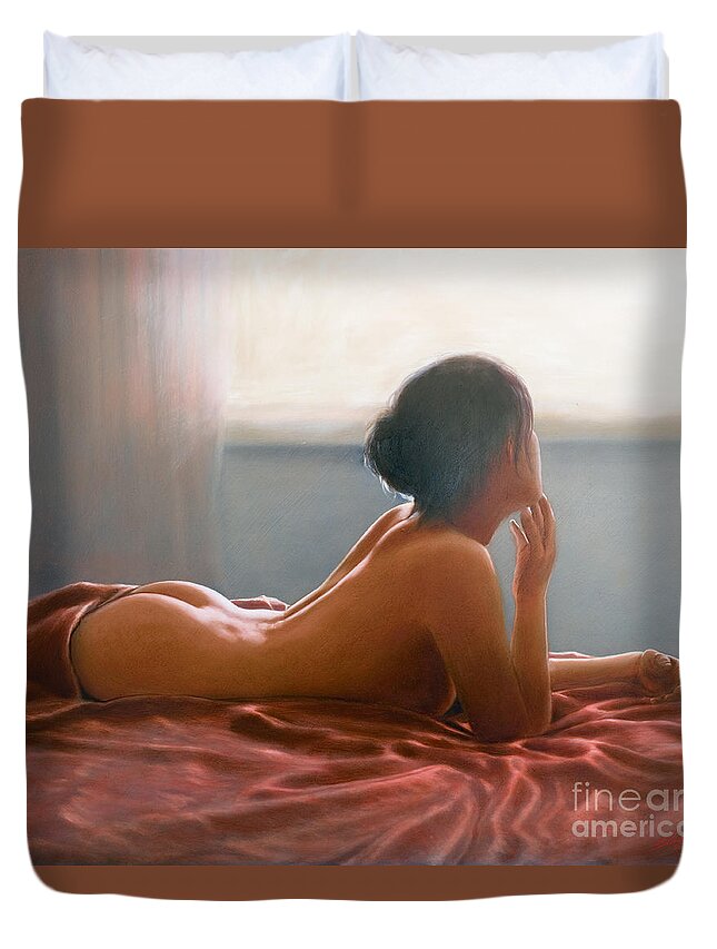 Nude Erotic Art Oil Painting Acrylic Charcoal Pastel Chalk Female Sensual Sexy Bondage Rope Legs Breasts Naked Bottom Lingerie Corset Bra Knickers Pants Stockings Sex Sexy Duvet Cover featuring the painting Morning light by John Silver