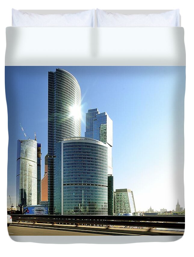 Clear Sky Duvet Cover featuring the photograph Moscow City At Sunny Day by Vladimir Zakharov