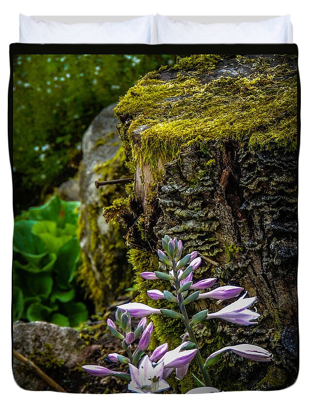 Moss Duvet Cover featuring the photograph Moss and Flowers in Markree Castle Gardens by James Truett