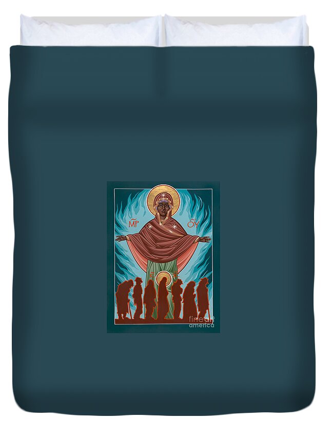 Andrew Harvey Duvet Cover featuring the painting Mother of Sacred Activism with Eichenberg's Christ of the Breadline by William Hart McNichols