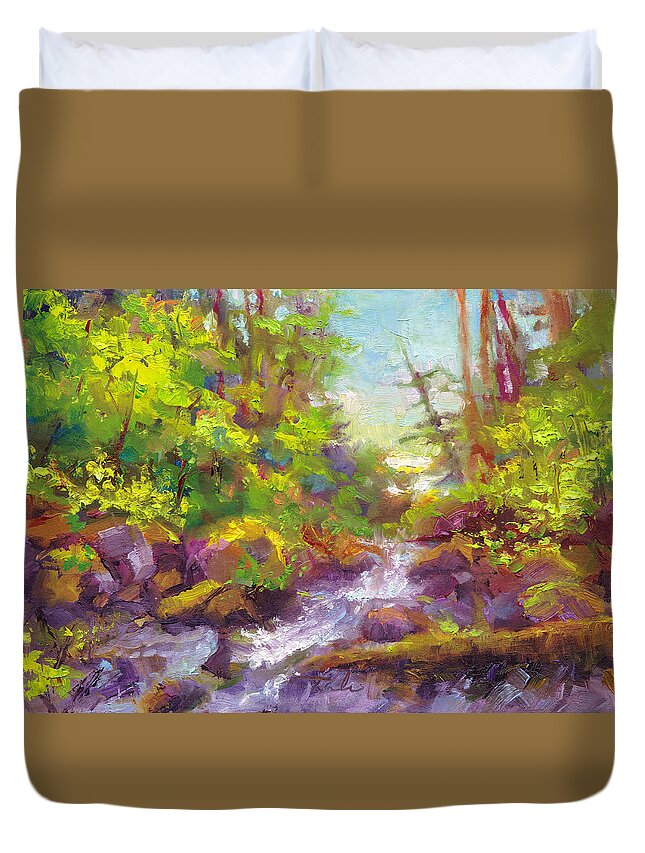 Impressionist Duvet Cover featuring the painting Mother's Day Oasis - woodland river by Talya Johnson