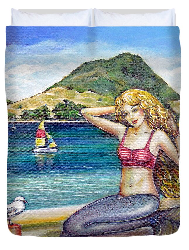 Mermaid Duvet Cover featuring the painting Mount Maunganui Beach Mermaid 160313 #2 by Selena Boron