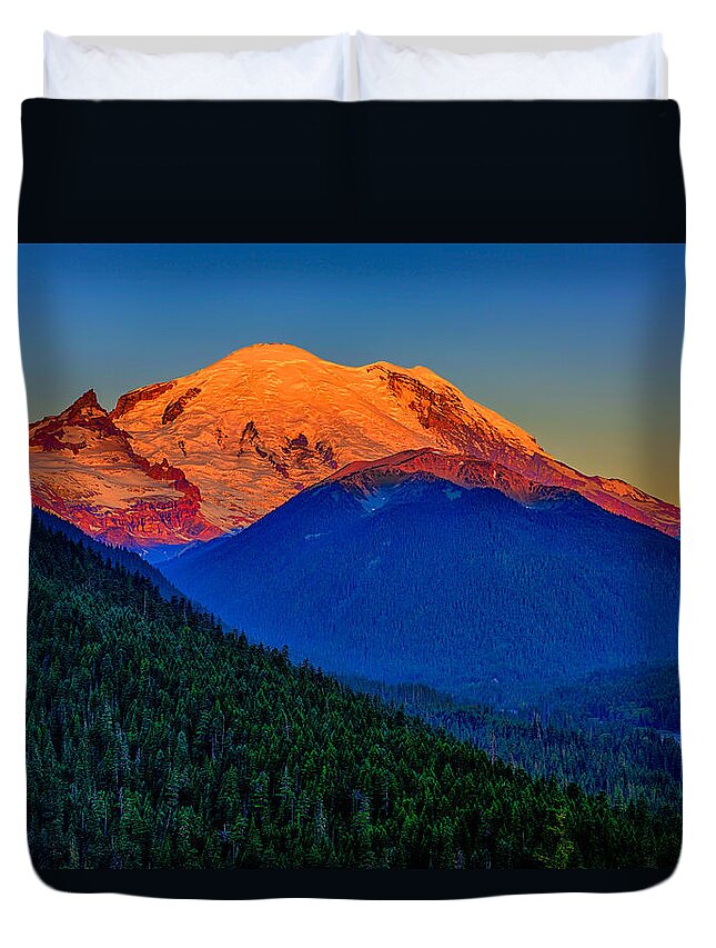 Mount Rainier Duvet Cover featuring the photograph Mount Rainier Alpenglow by Greg Norrell