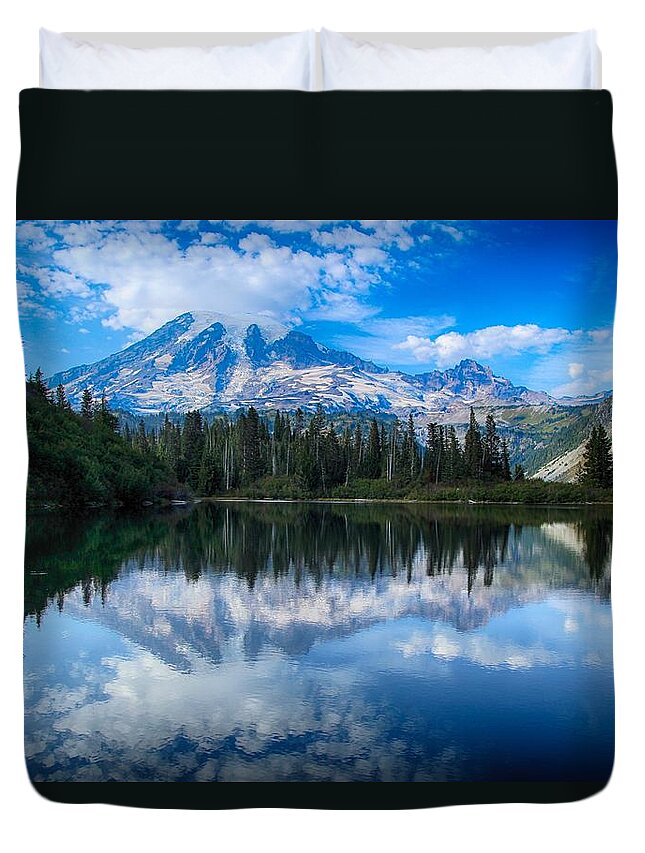 Bench Lake Duvet Cover featuring the photograph Mount Rainier Reflection at Bench Lake by Lynn Hopwood